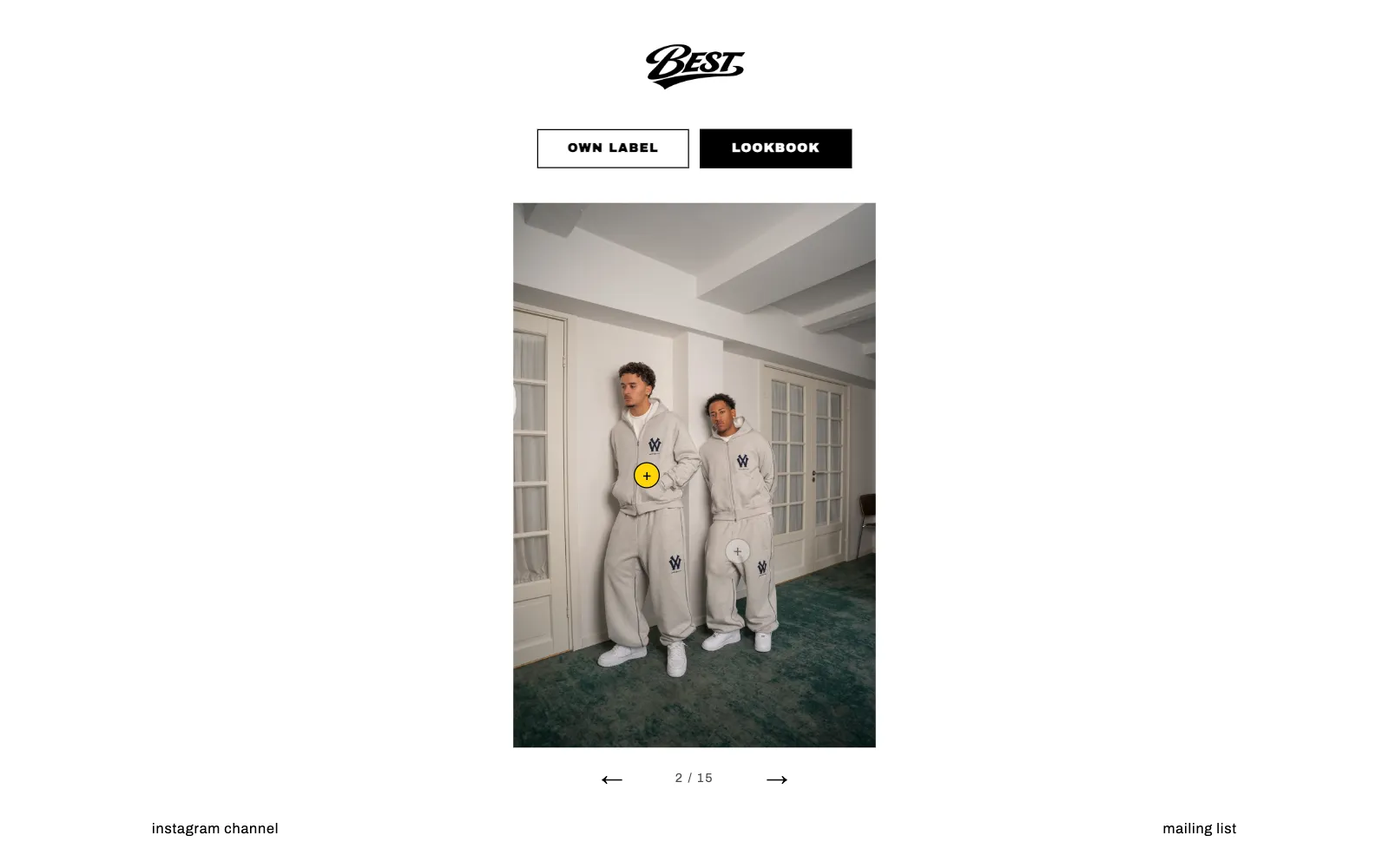 Best lookbook: a photo of two models in grey tracksuits with a yellow marker on the hoodie linking to the product