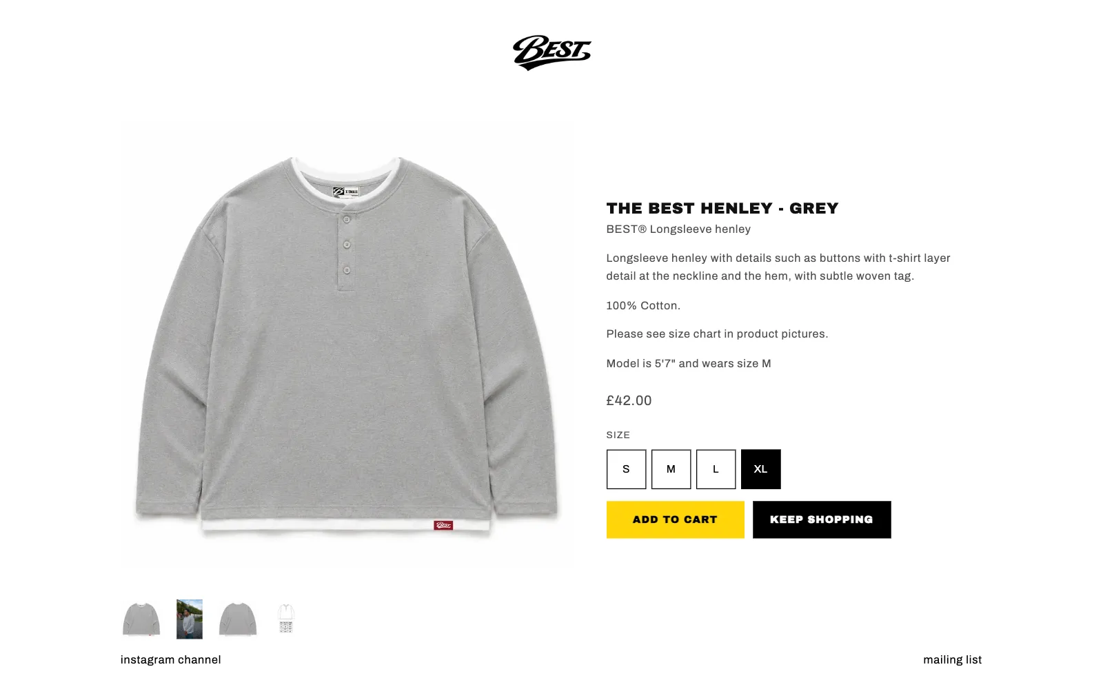 Best product page: a grey henley on the left, with name, description, square size buttons and a yellow add to cart button on the right