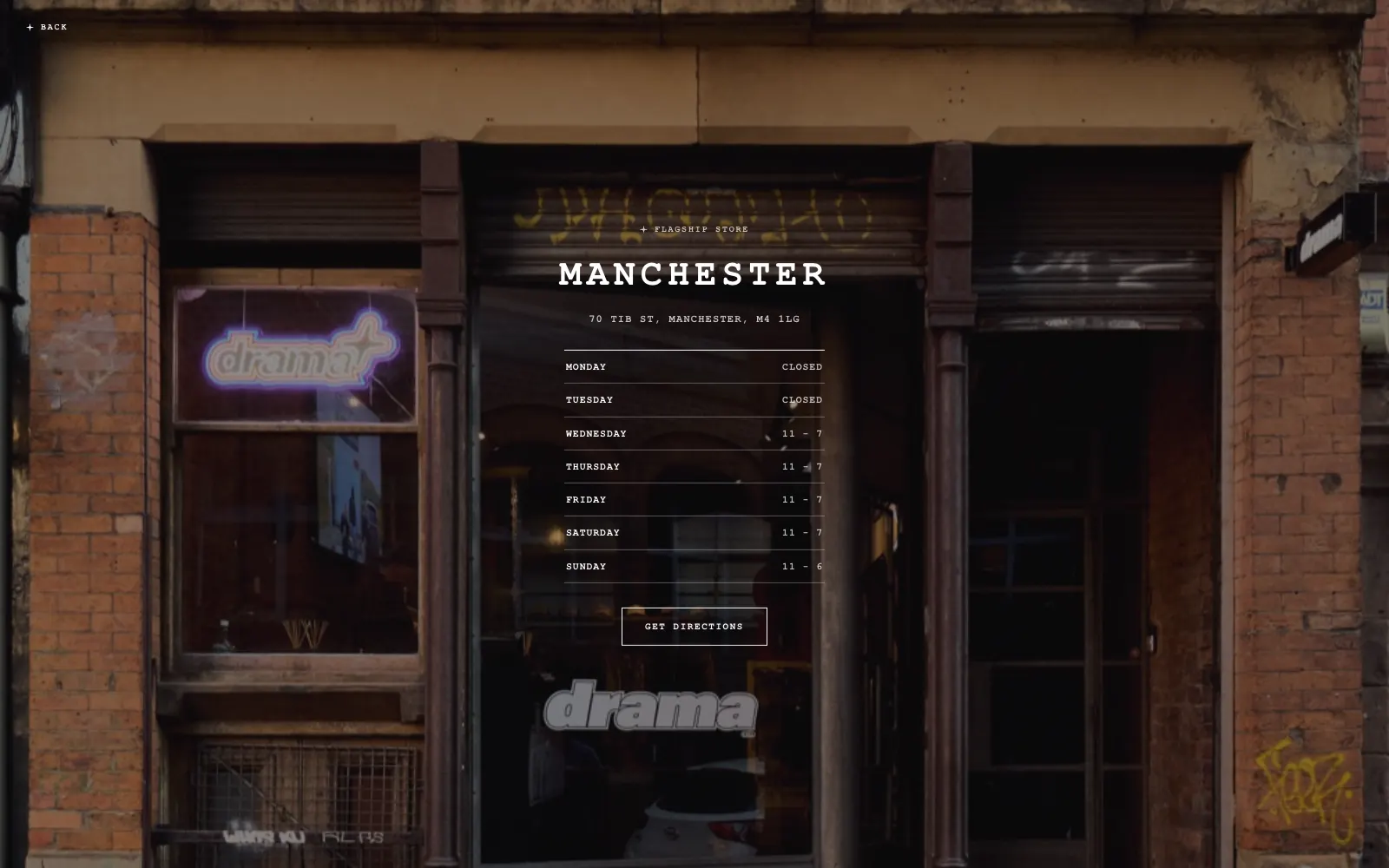 Drama Call flagship store page with the Tib Street shopfront, address and opening hours