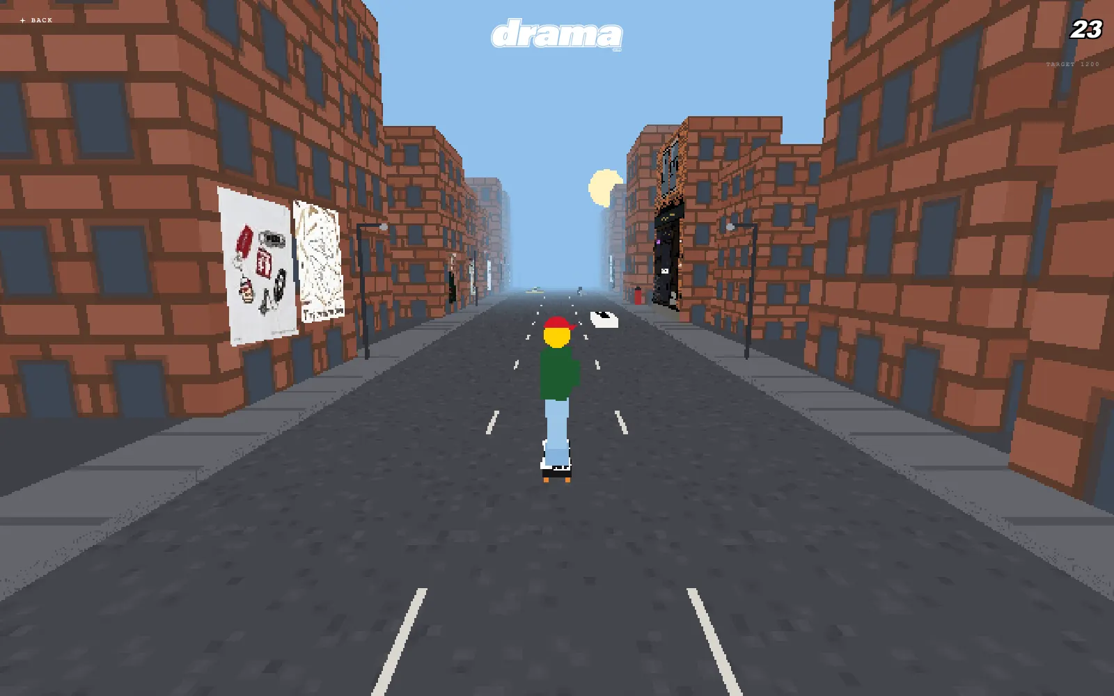 Trackeh Run gameplay: a low-poly skater rolling down a Manchester street between red brick buildings with posters on the walls