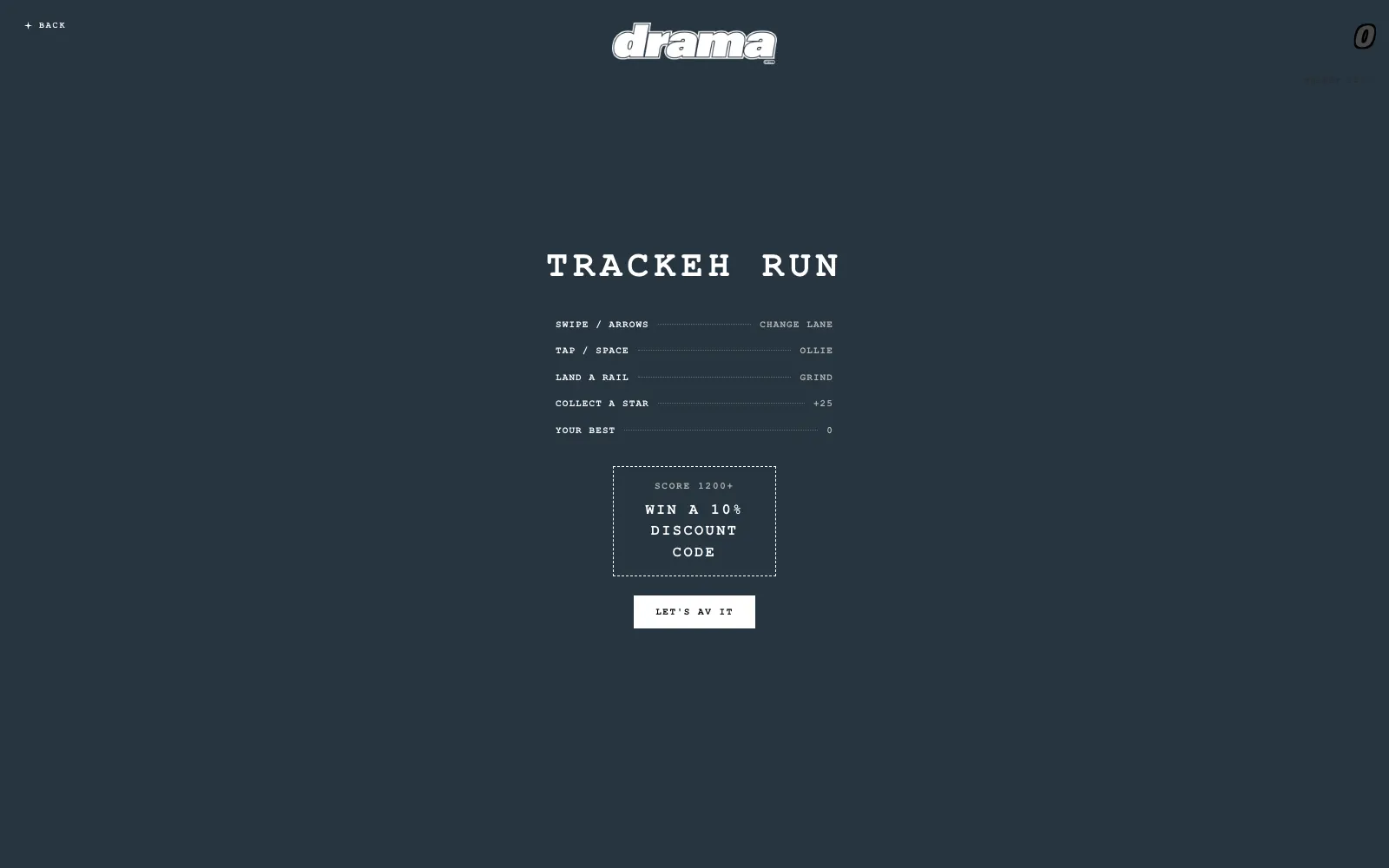Trackeh Run start screen listing the controls and the prize: score 1200 to win a 10 percent discount code