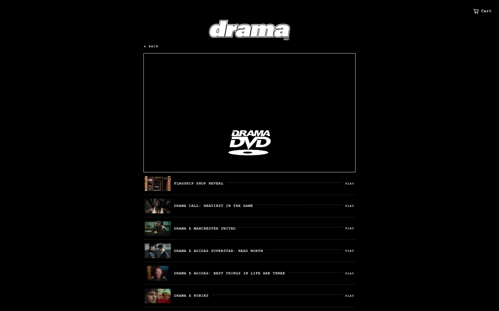 Drama Call movies page: a black screen with a bouncing DRAMA DVD logo above a tracklist of brand films