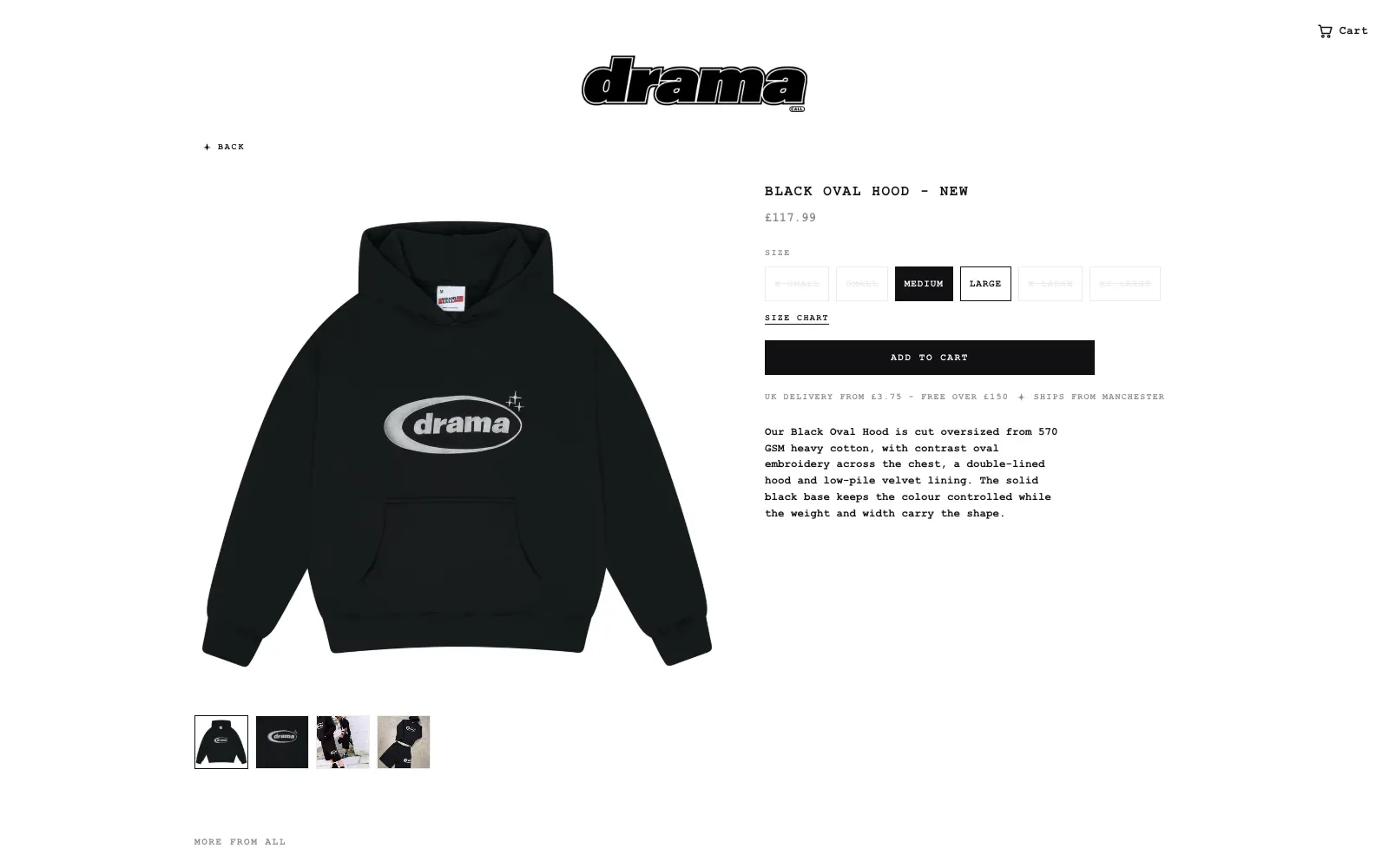 Drama Call product page showing a black hoodie, size buttons with sold out sizes greyed, and an add to cart button