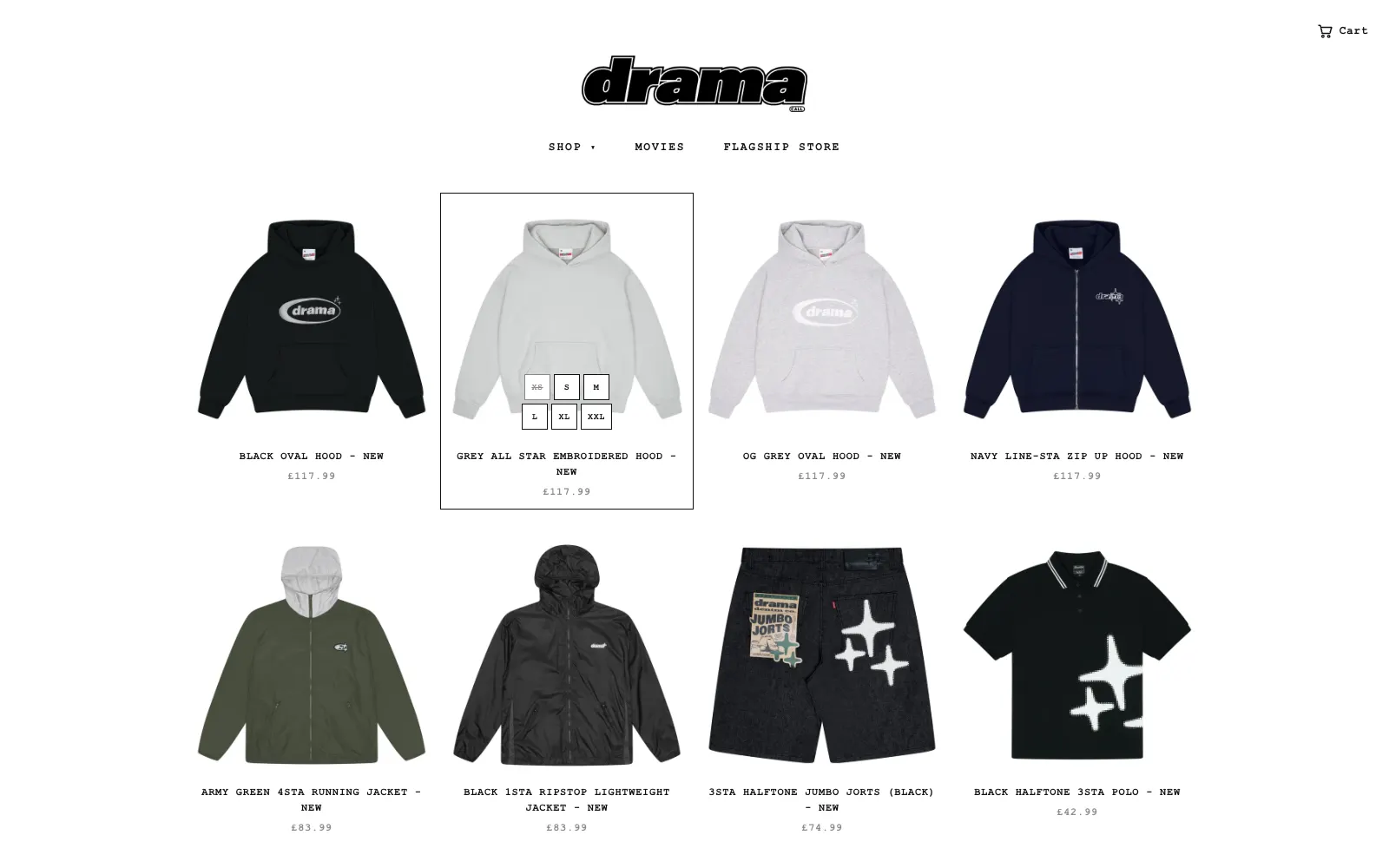 Drama Call shop grid with size buttons appearing on hover