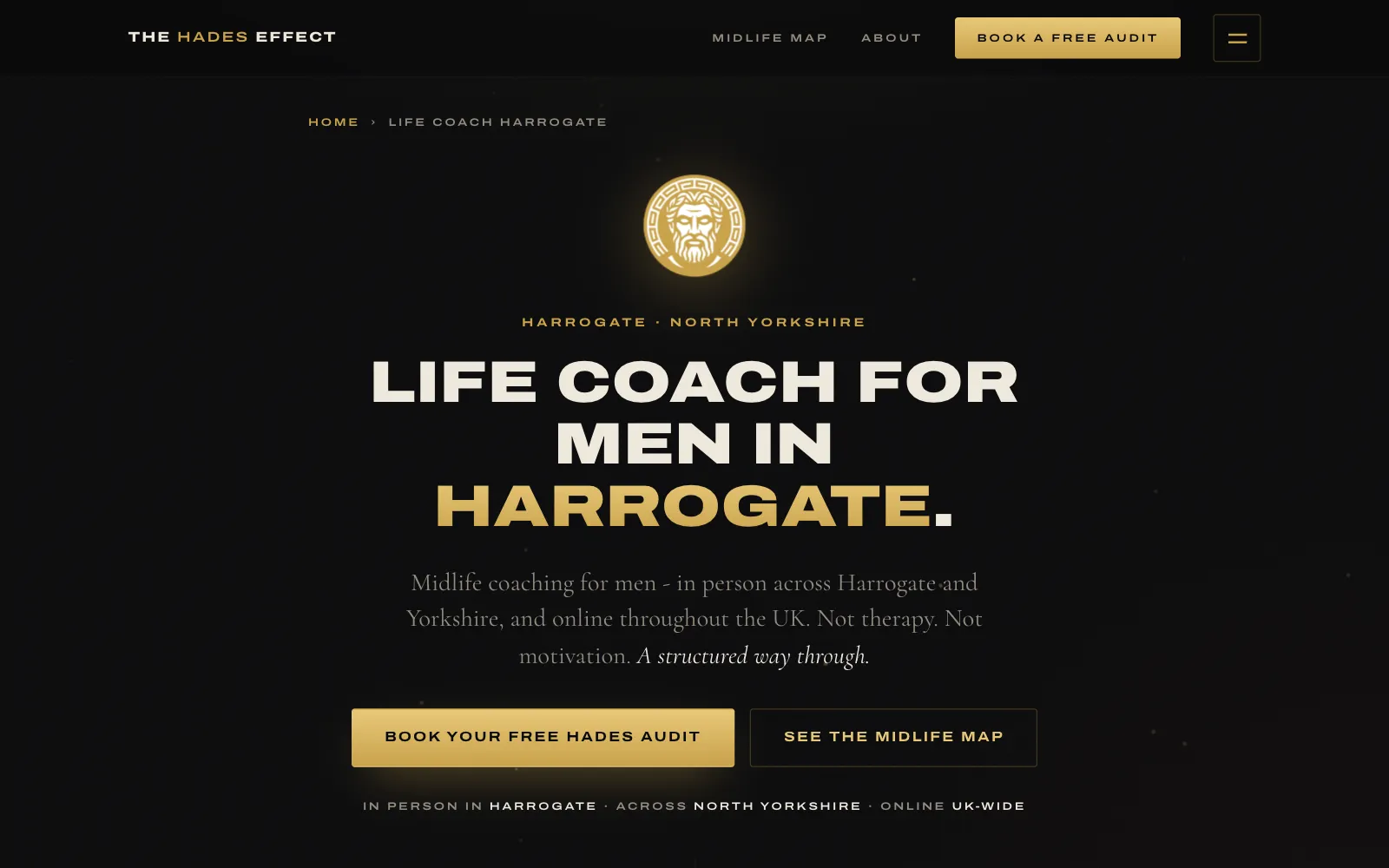 Life coach for men in Harrogate page, with the gold medallion and two buttons