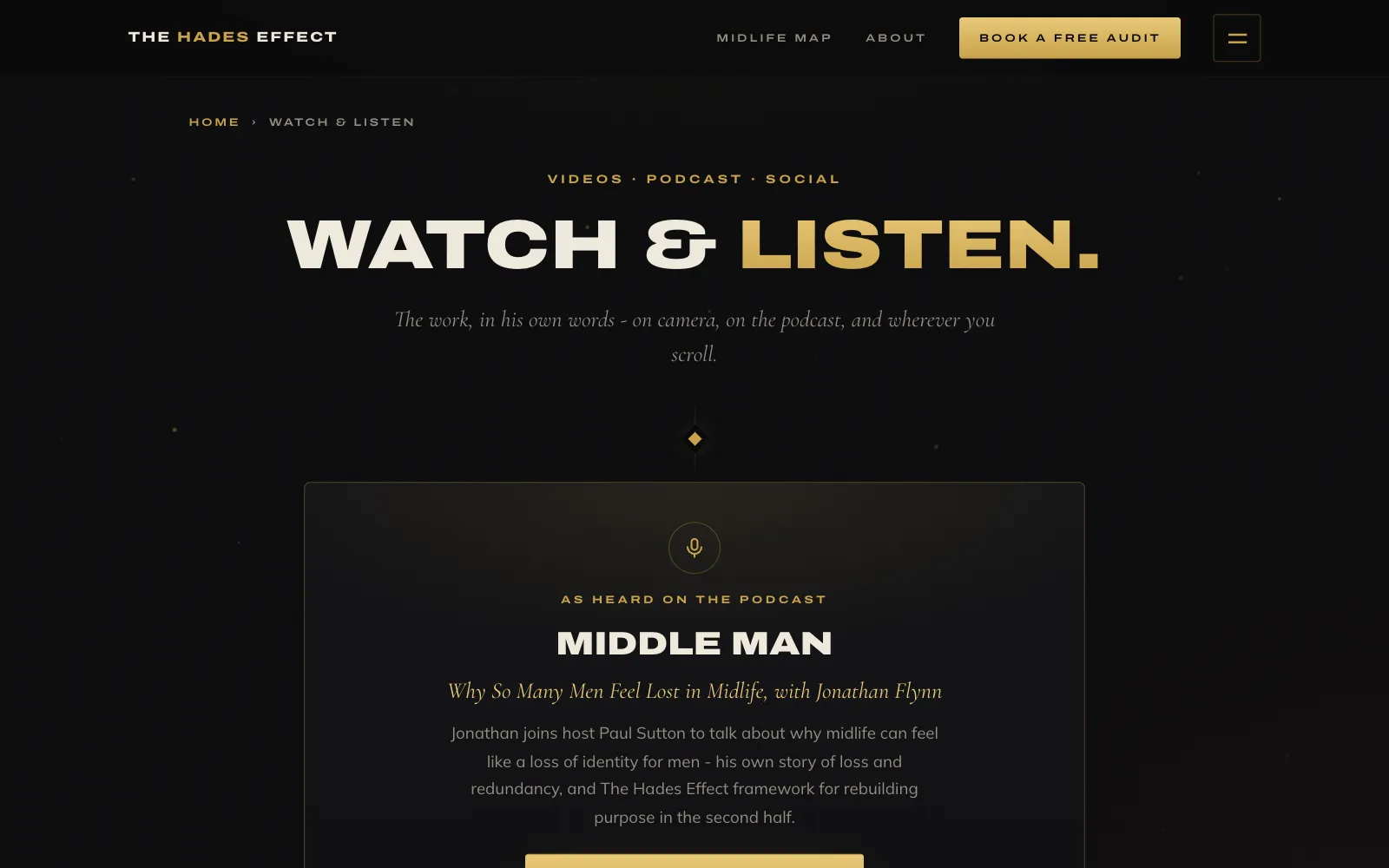Watch and Listen page with a featured podcast episode card