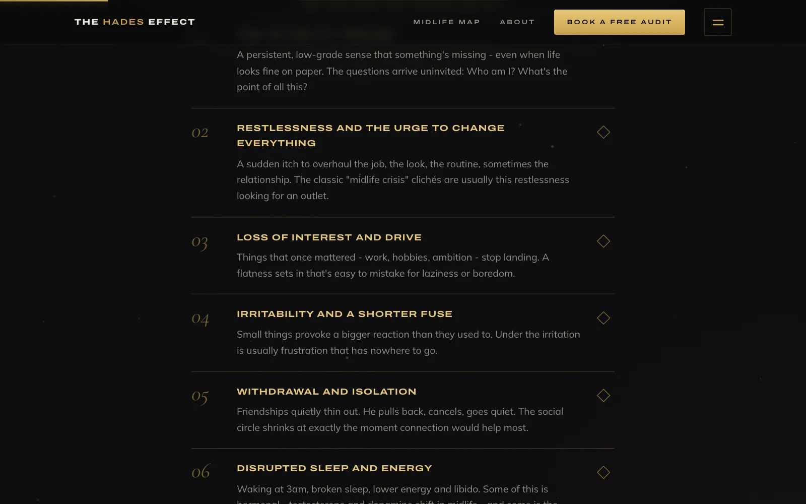 The 12-sign self-check on the symptoms page, with numbered signs and gold diamond markers