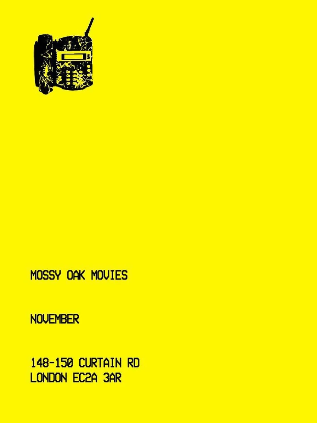 Yellow exhibition poster for Mossy Oak Movies, November, with a phone illustration and the Curtain Road address