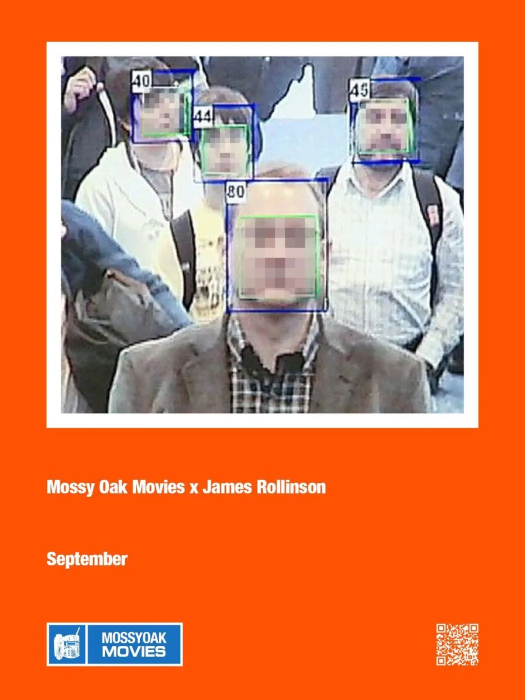 Orange exhibition poster for Mossy Oak Movies x James Rollinson, September, with a pixelated CCTV crowd image