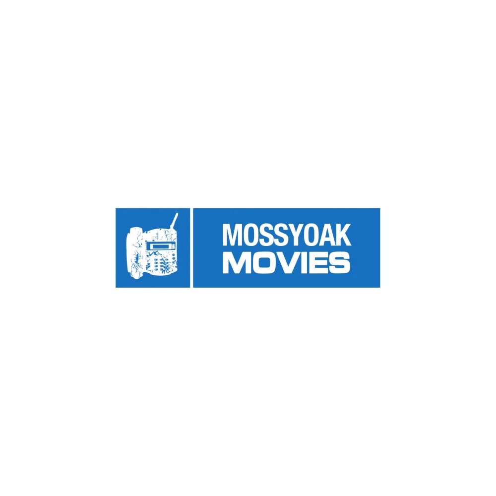Mossy Oak Movies logo lockup: a phone illustration beside the wordmark in a blue box, as printed on tees