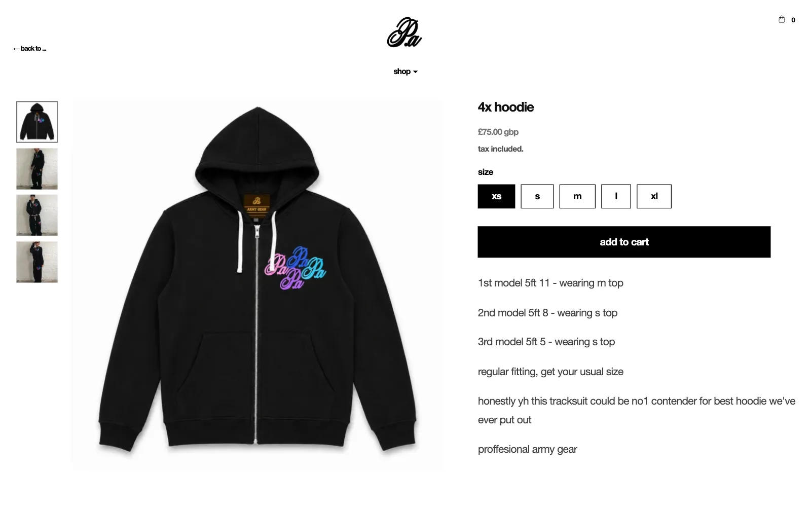 Parismo product page: a black zip hoodie with a vertical strip of thumbnails on the left and square size buttons and an add to cart button on the right