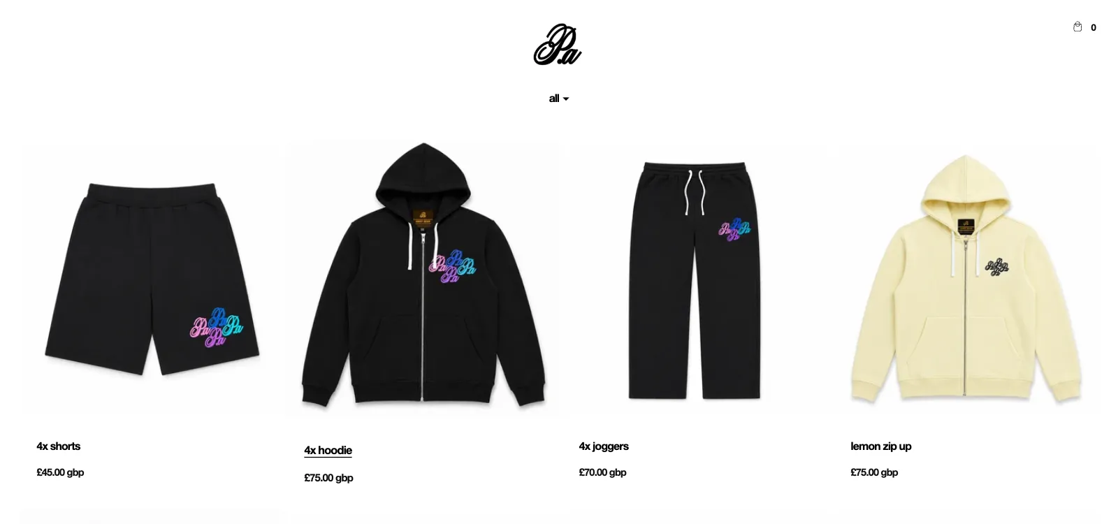 Parismo shop page: the script logo centred above a row of four products on a white background