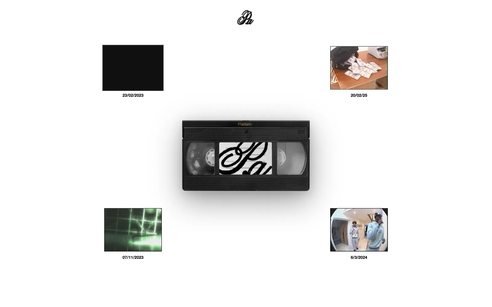 Parismo tapes page with film thumbnails spread around a VHS cassette
