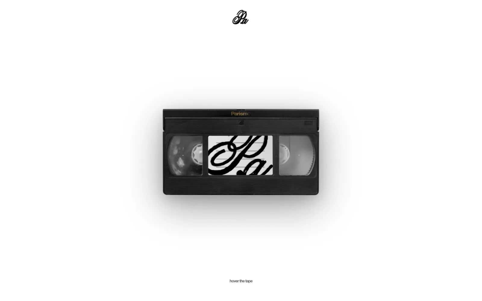 Parismo tapes page: a black VHS cassette with the Parismo logo on its label, floating on a white page